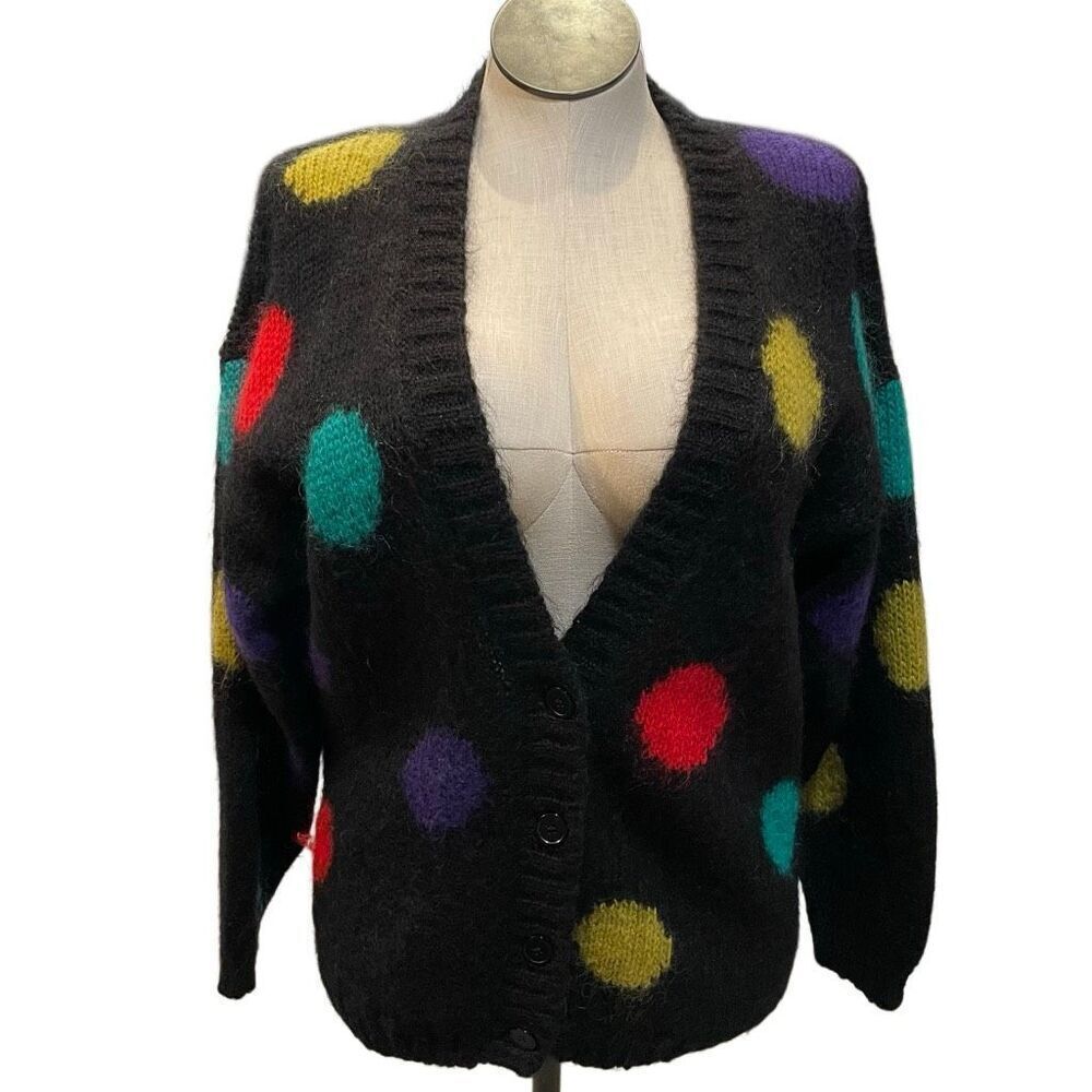 Vtg 80s Womens Mohar Blend Polka Dot Cardigan M Oversized Ditzy Quirky Fuzzy